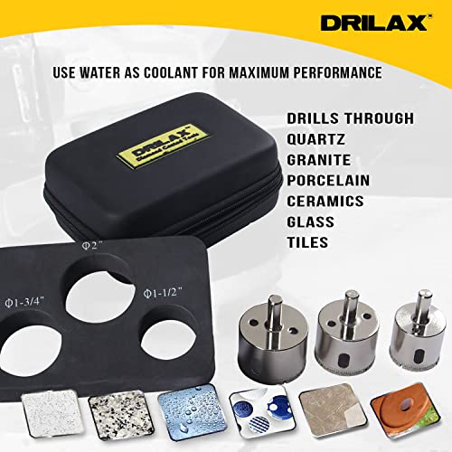 Drilax Pcs Diamond Drill Bit Set Extra Tall 1-1/2" 1-3/4" , 2" for Ceramic Porcelain Tile, Granite Quartz Countertop Hole Saws Shower, Faucet Drilling Tool 3 Pack