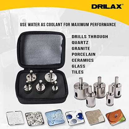 Drilax Diamond Hole Saw Drill Bit Longer Tall Version 3/4, 1, 1-3/16, 1- 3/8, 1-5/8 Inch Quartz Granite 3cm Thick Counter-top Ceramic Porcelain Tile 5 Pieces Set Insert Guide Included
