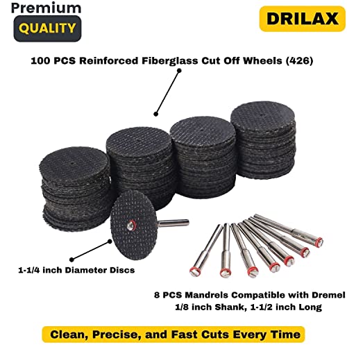 Fiberglass Reinforced Cut-off Wheels 100 Pieces 1 1/4 inch Diameter Abrasive Cutting Tool Disc with 8 Mandrels Included Rotary Discs Compatible With Dremel 426 426b