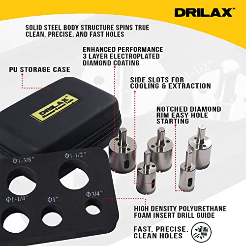 Drilax Diamond Drill Bit Hole Saw Extra Tall Long Drilling Quartz Granite Countertop Ceramic Porcelain Tile Glass 3/4, 1, 1/4, 3/8, 1 1/2 Inch 5 Pieces Set