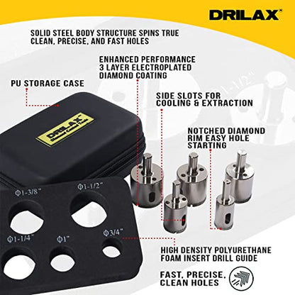 Drilax Diamond Drill Bit Hole Saw Extra Tall Long Drilling Quartz Granite Countertop Ceramic Porcelain Tile Glass 3/4, 1, 1/4, 3/8, 1 1/2 Inch 5 Pieces Set