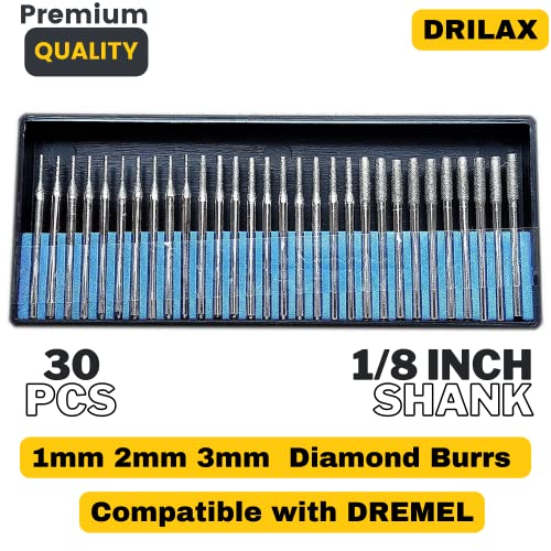 30 pcs Set 1mm 10pcs. 2mm 10 pcs. 3mm Diamond Drill Bit Cylindrical Burr Kit Jewelry Beach Sea Glass Shells Gemstones Gems Lapidary Compatible with Dremel 30pcs. 1 2 3 mm 1/8"