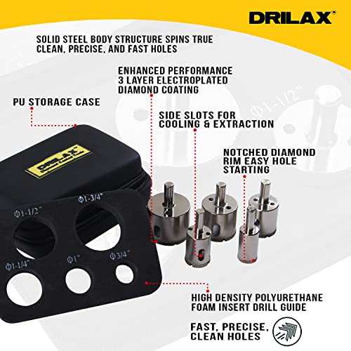 Diamond Drill Bit Tile Hole Saw 3/4 1 inch, 1-1/4, 1-1/2, 1-3/4 Inch Ceramic Porcelain Glass Granite Quartz Insert Guide Included Tall Long 5 Pcs Set Drilax