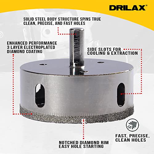 Drilax 2-7/8 inch Diamond Hole Saw Drill Bit Ceramic, Porcelain Tiles, Granite, Quartz Drilling 2 7/8