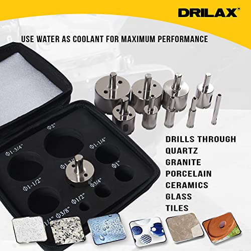 Drill Bit Diamond Hole Saw Set 10 Pieces 1/2 0.5 Inch , 1, 1/4, 3/8, 1/2, 1 3/4, 2 inches Kitchen Bath Faucet Drilling Ceramic Porcelain Tiles Glass Granite Quartz