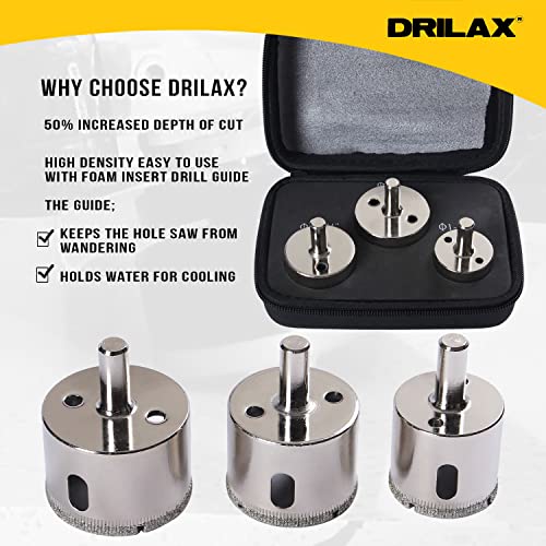 Drilax Pcs Diamond Drill Bit Set Extra Tall 1-1/2" 1-3/4" , 2" for Ceramic Porcelain Tile, Granite Quartz Countertop Hole Saws Shower, Faucet Drilling Tool 3 Pack
