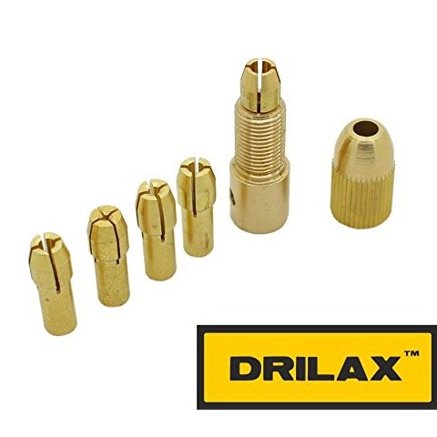 Brass collet chuck body, nut and 5 collets laid out