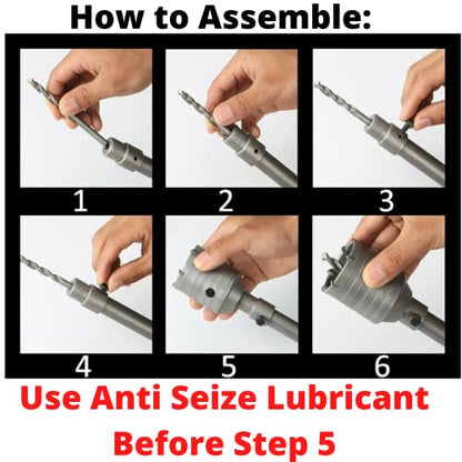DRILAX 4 1/2" Concrete Hole Saw assembly steps showing pilot bit insertion and anti seize lubricant reminder