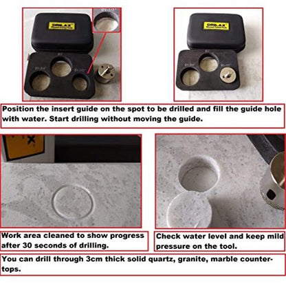 DRILAX ceramic tile diamond drill bits kit with insert guide for precise drilling in stone and marble surfaces