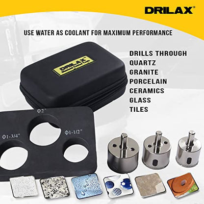 DRILAX ceramic tile diamond drill bits kit with various sizes for drilling through quartz, granite, and more
