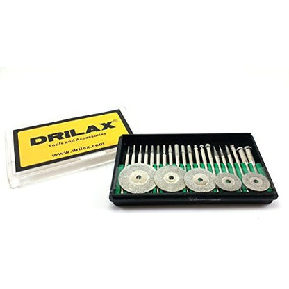 DRILAX diamond coated burs and discs set for Dremel in a storage case for precision crafting
