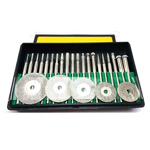 Diamond coated burs and discs set for Dremel in a storage case, perfect for precision cutting and shaping