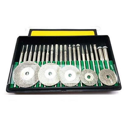 Diamond coated burs and discs set for Dremel in a storage case, perfect for precision cutting and shaping