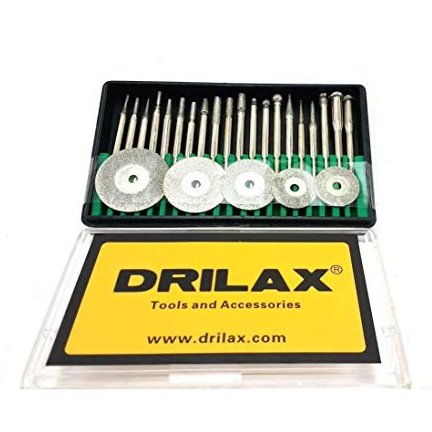 DRILAX diamond coated burs and discs set for Dremel, including various sizes and shapes for precision work