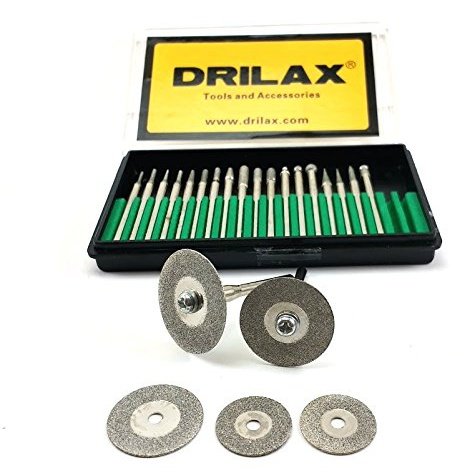 DRILAX diamond coated burs and discs set for Dremel in a storage case with multiple tools for precise cutting and grinding