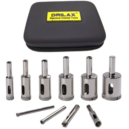 DRILAX diamond drill bit set for glass and tile in a protective carrying case with various sizes