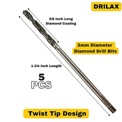 DRILAX diamond drill bits for sea glass 2mm diameter with twist tip design and 5 pieces included