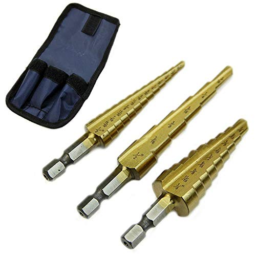 DRILAX titanium coated step drill bit set with three bits and storage pouch for precise drilling